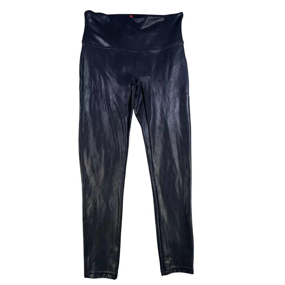 Spanx Leggings Women‎ L Petite Black Faux Leather High Waisted Shimmer Slimming